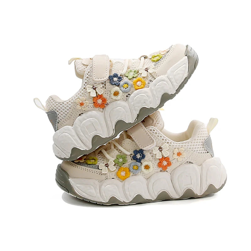Girls Flowers Sports Shoes Children Princess Embroidered Running Shoes Air Mesh Girls Casual Sneakers Summer 2025 New.