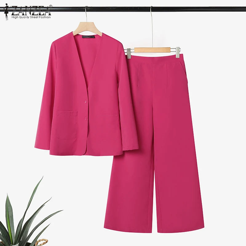 ZANZEA Autumn Fashion 2 Pieces Sets Women V-Neck Long Sleeve Blazer & Wide Leg Pants 2pcs Suits Office Commuting Solid Pant Sets.