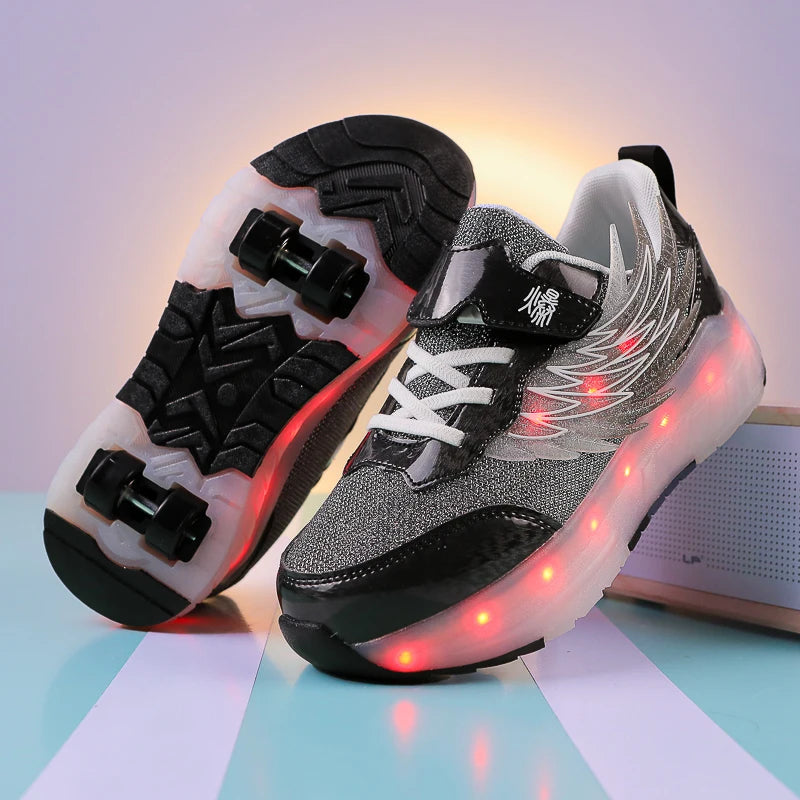Boys Girls Roller Shoes LED Light Up USB Charging Children Roller Skate Casual Skateboarding Shoes Sports Shoes Kids Sneakers