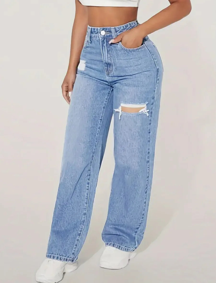 Mom Jeans Women Denim Pant Wide Leg Long Pants Hole High Waist Straight Trousers Y2k Streetwear Work Splice Casual 2025 Punk.