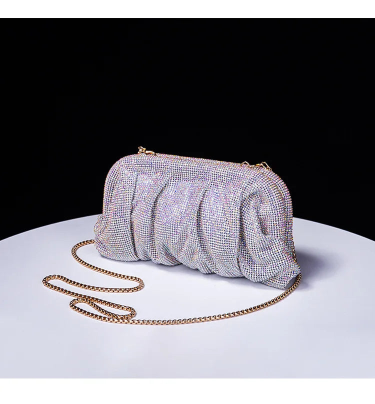 Premium Handmade Diamond-encrusted Clutch Bag Pleated Chain Rhinestone Cloud Clip Dinner Bag Single Shoulder Oblique Span Bolsos.