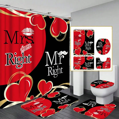 4-teiliges Badezimmer-Set, wasserdichter Stoff-Duschvorhang im Palast-Stil mit 12 Haken, rutschfeste Badezimmermatte, U-förmige Toilettendeckelabdeckung