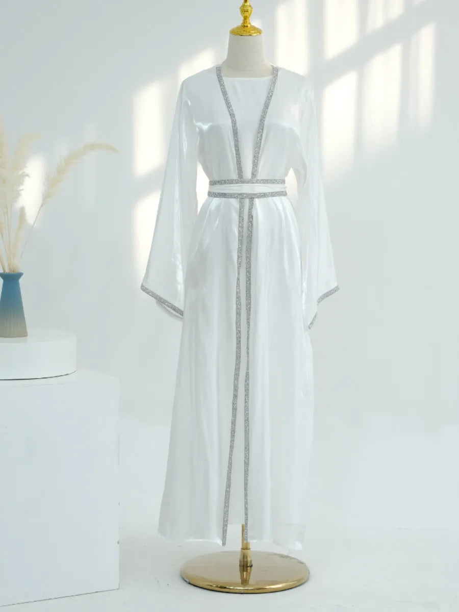 Muslim Abaya for Women Eid Dress 2 Piece Set Diamond Morocco Ramadan Lace-up Abayas Kaftan Islam Cardigan Dubai Arab Long Robe