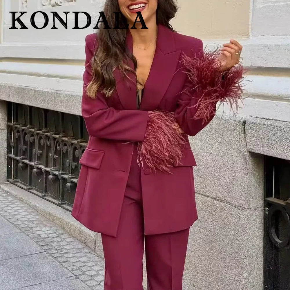 KONDALA 2025 Burgund Quaste Büro Dame Anzüge Einreiher Gerade Blazer + Moderne Gerade Lange Hosen Mode Weiblichen Anzug
