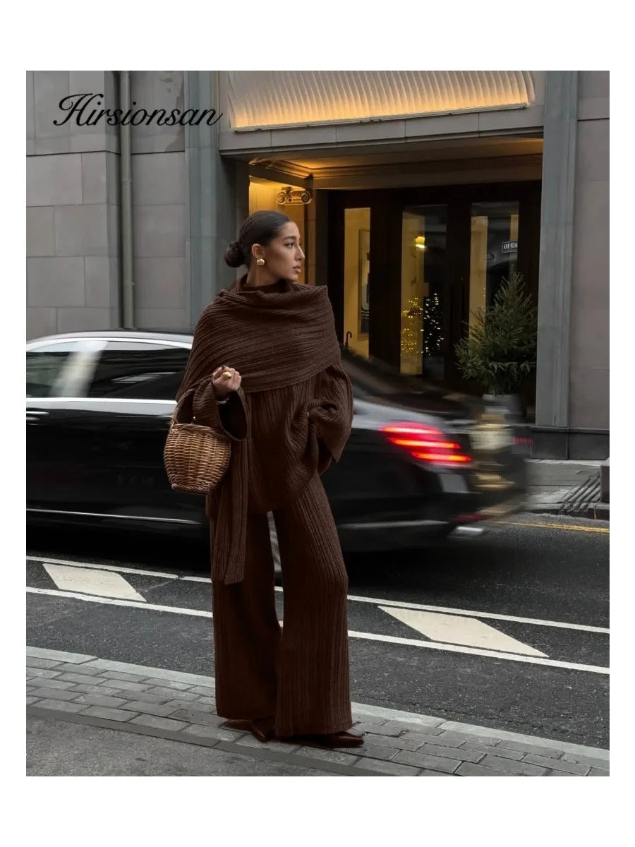 Hirsionsan Soft Elegant Vintage Women Suits 3 Pieces Female Sets O Neck Sweater & Wild Leg Pants with Scarf Knitted TrackSuit.