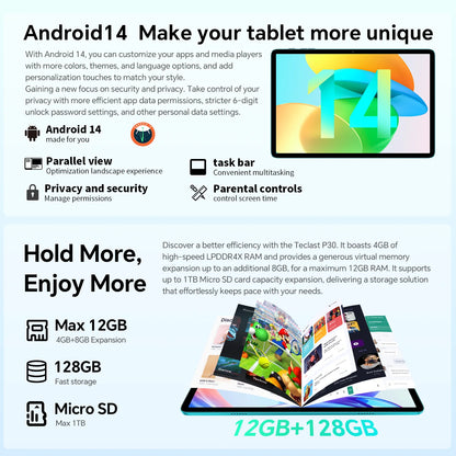 Teclast P30 Android 14 Tablet, 10.1 Inch, up to 12Gb Ram, 128Gb Rom, 1280X800 Ips, Unisoc T606, 8 Cores, 6000 Mah.