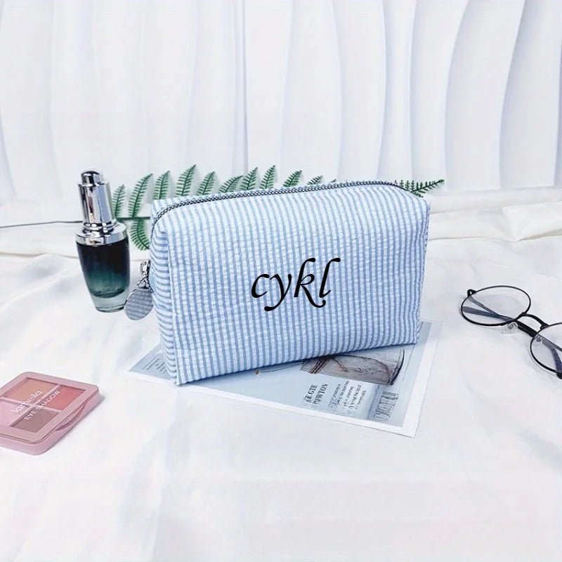 Custom Embroidered Striped Travel Toiletry Bag - Personalized Cosmetic Portable Polyester Storage for Travel School Dorm or Home.