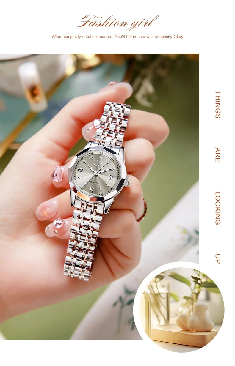 OLEVS Elegant Fashion Ladies Watches 9998 Original Quartz Women's Watches Waterproof Stainless Steel Luminous Date Wristwatch.