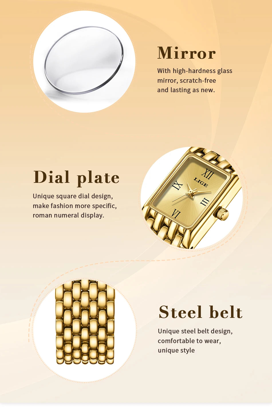 LIGE Silver Watch for Women Square Ladies Quartz Wristwatches Stainless Steel Women Small Gold Watch Luxury Casual Fashion Watch.