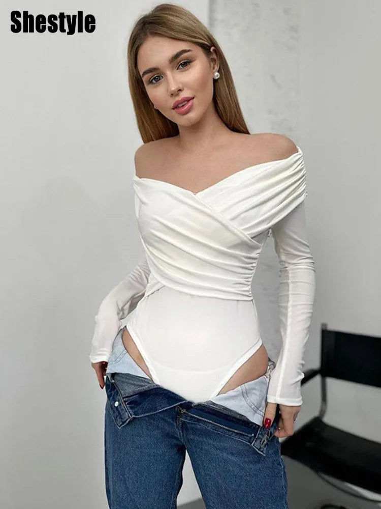 Shestyle Off Shoulder Slash Neck Bodysuits Women Overlap Solid Long Sleeve Basic T-Shirt Pleated Cross Bodycon Fashion Trendy.