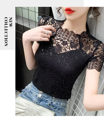 Summer Women Tops Patchwork Bright silk Mesh T shirt Pathcwork Short Sleeve Lace Shirt.
