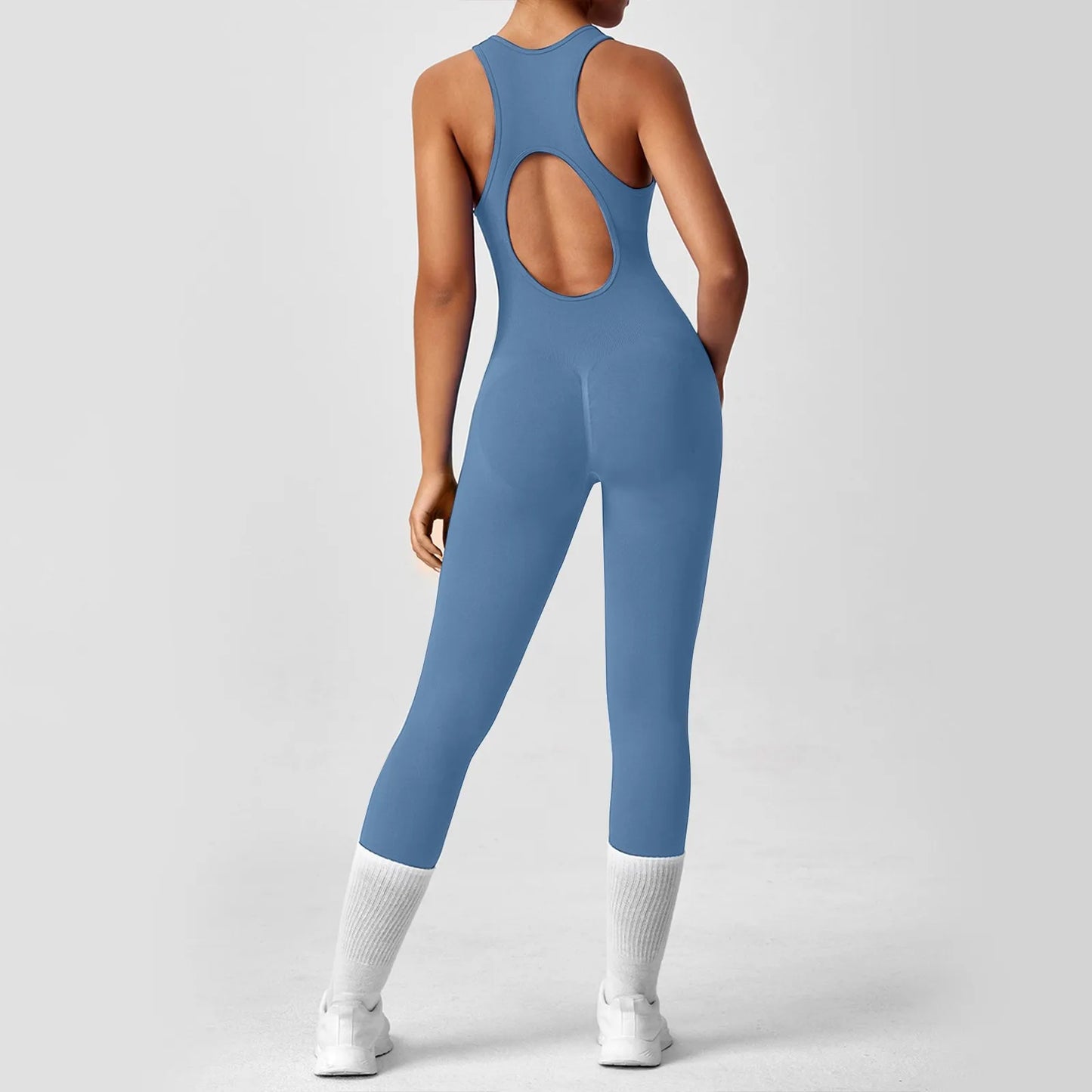 Ladies' Fashion Solid Color Round Neck Tight Yoga Jumpsuit Breathable Sleeveless Front Zipper Soft and Comfy Fitness Clothes.