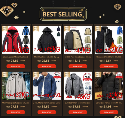 Warm Jacket Men's Plus Size L-9XL Winter Plus Velvet Thickened Cold-proof Outdoor Red Black Blue Hooded Mountaineering Suit.