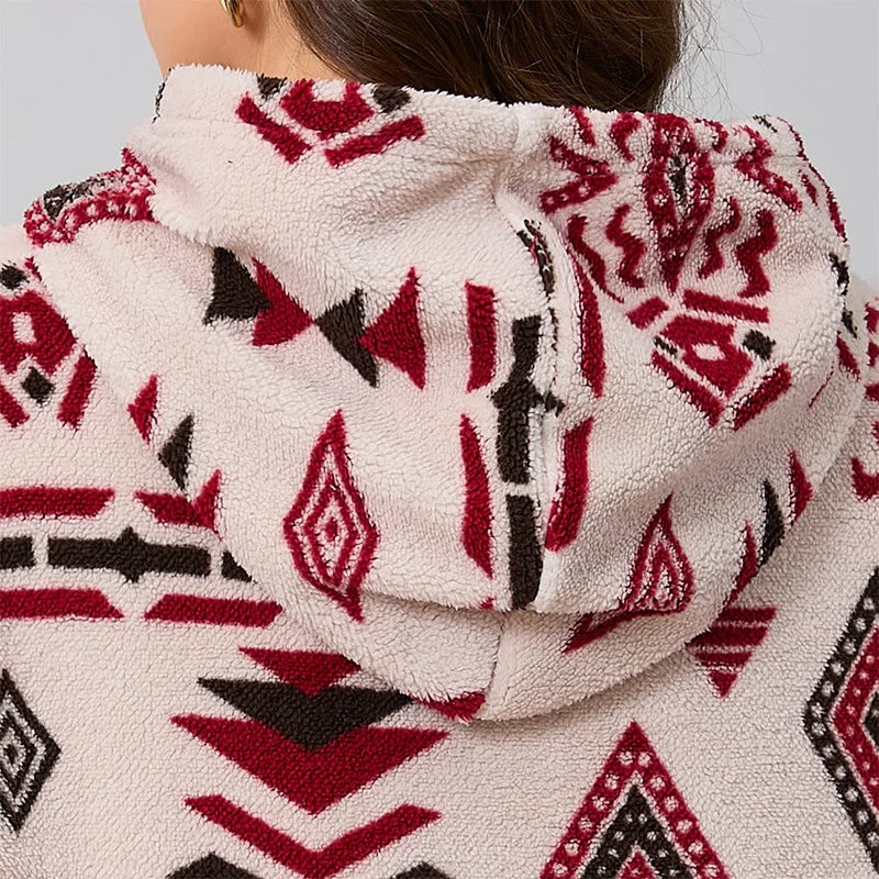 Kapuzenpullover für Damen, große Größe, Reißverschluss-Sweatshirts, ethnischer Druck, flauschiger Streetwear-Pullover, Herbst-Winter-Rollkragenpullover.