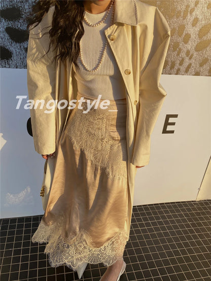 High-End Retro Satin Lace Stitching Skirt Women's 2024 Summer High Waist Slimming Court Style Temperament Mid-Length Skirt.