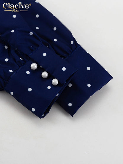 Clacive Mode Lose Druck Frauen Kleid 2025, Casual Revers Langarm Büro Dame Midi Kleider Elegante Klassische Gürtel Weibliche Kleid