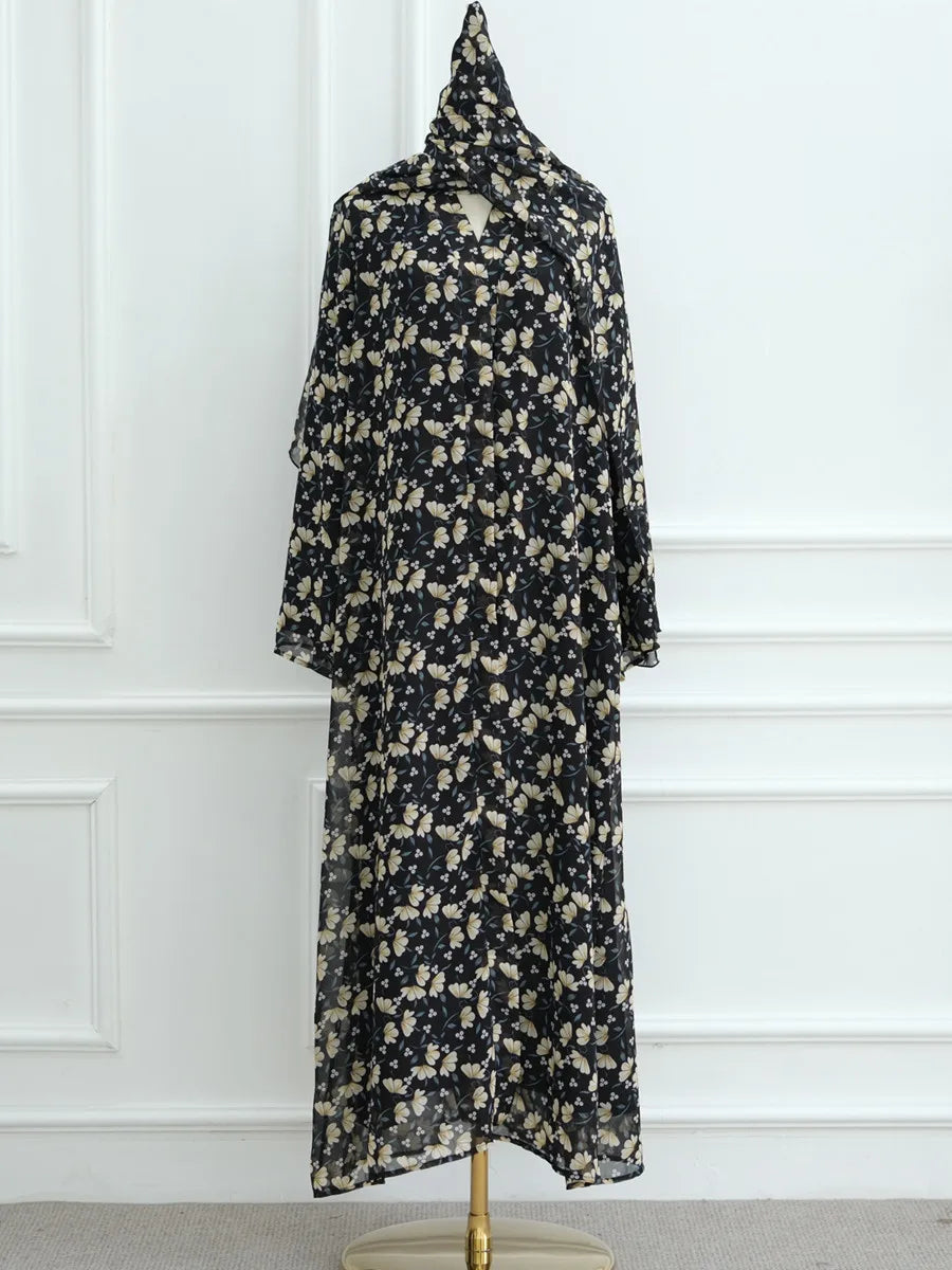 Muslim Women Dubai Abaya luxury Double layered chiffon Print Hijab Dress Kaftan Ramadan Robe Femme Islam african dresses Kebaya.
