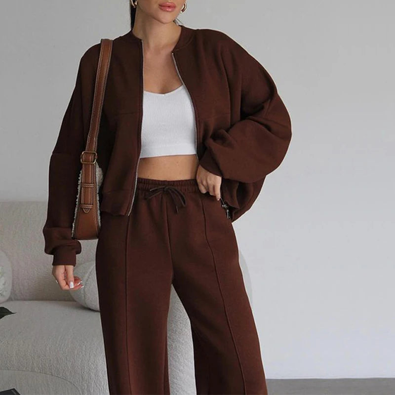 BKLD 2025 Casual Women's Tracksuit Sets Zip-up Loose Cropped Cardigan+Drawstring Sweatpants Solid Fashion Running Street Outfits.