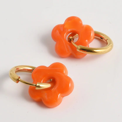 Colorful Flower Glass Drop Charms Earring Gold Color Circle Ear Buckle Hoops Stainless Steel Earrings Fashion Jewelry for Women