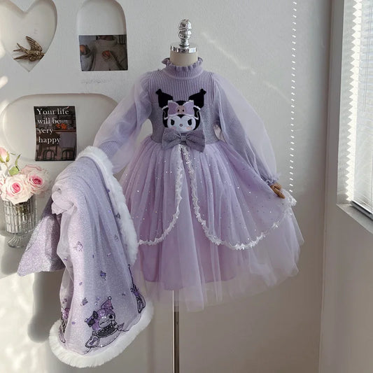 Anime Kuromi Lolita Kleid und Umhang Set Strickpullover Spleißen Mesh Prinzessin Kleid Partykleid Herbst Winter Urlaub Geschenk