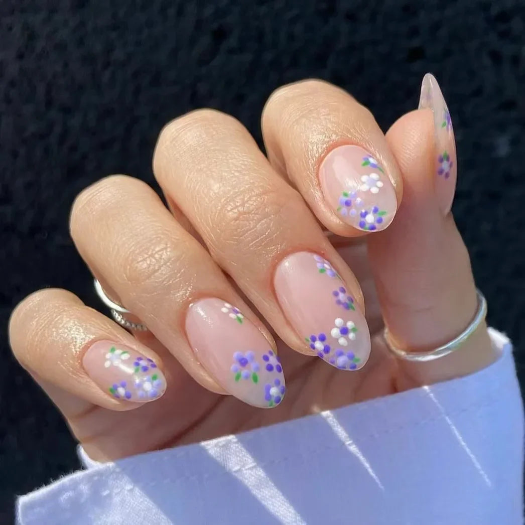 24pcs/box Glossy Short Square Fake Nails Colorful French Tip Press On Nails Flower Pattern Spring Summer False Nails For Women
