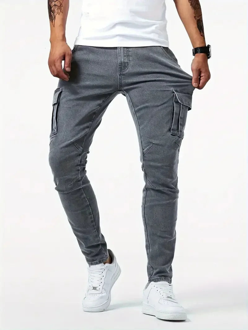Street Elastic Jeans Men Denim Cargo Pants Wash Solid Color Multi Pockets Casual Mid Waist Trousers Slim Fit Daily Wear Joggers.