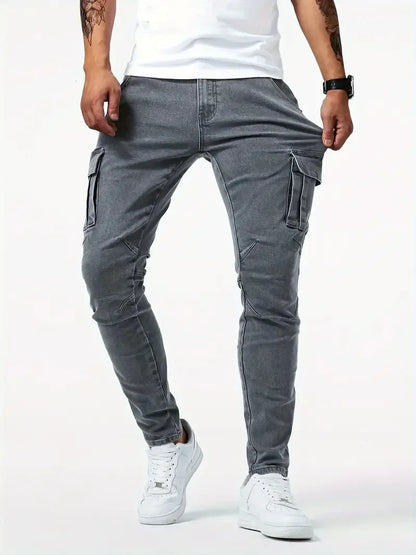 Street Elastic Jeans Men Denim Cargo Pants Wash Solid Color Multi Pockets Casual Mid Waist Trousers Slim Fit Daily Wear Joggers.