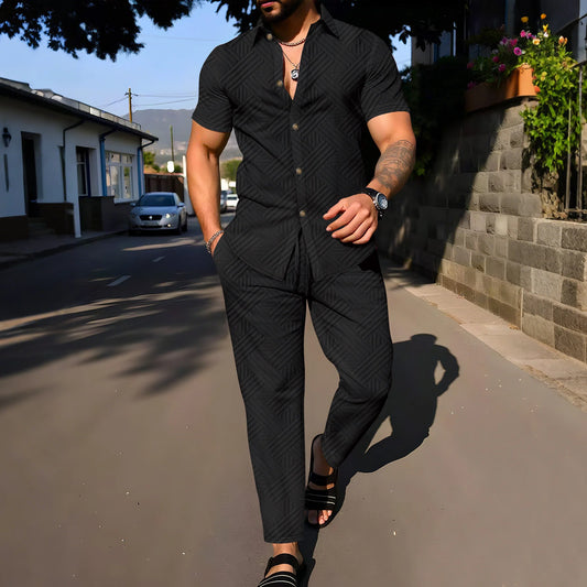 A fashionable and trendy two-piece short-sleeved shirtwithlong pants is perfect for men's daily casual wear in spring and autumn.