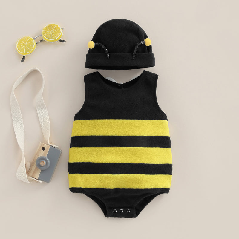 Baby Jungen Mädchen Biene Strampler Streifen Ärmellos Rücken Weiß Flügel Dekor Overalls Lässige Kostüm Kleidung Säuglingsbodysuits mit Hut.