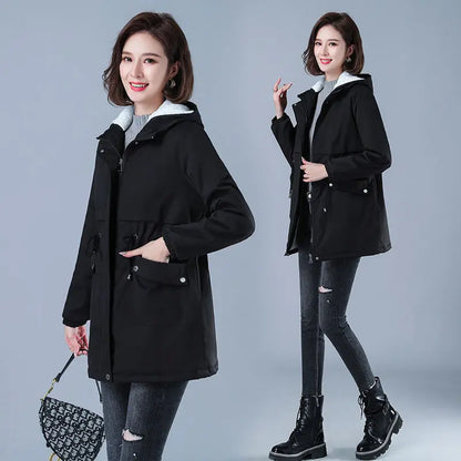 Fleece-gefütterte Kapuze, Daunenjacke, Wintermantel für Damen, warme, mit Kordelzug gepolsterte Parkas, mittellanger Mantel, Streetwear, gepolsterte Kleidung