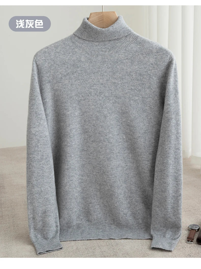 Men 100% Merino Wool Sweater Turtleneck Knitted Pullover Cashmere Warm Solid Color Clothes Business Bottoming Tops Autumn Winter