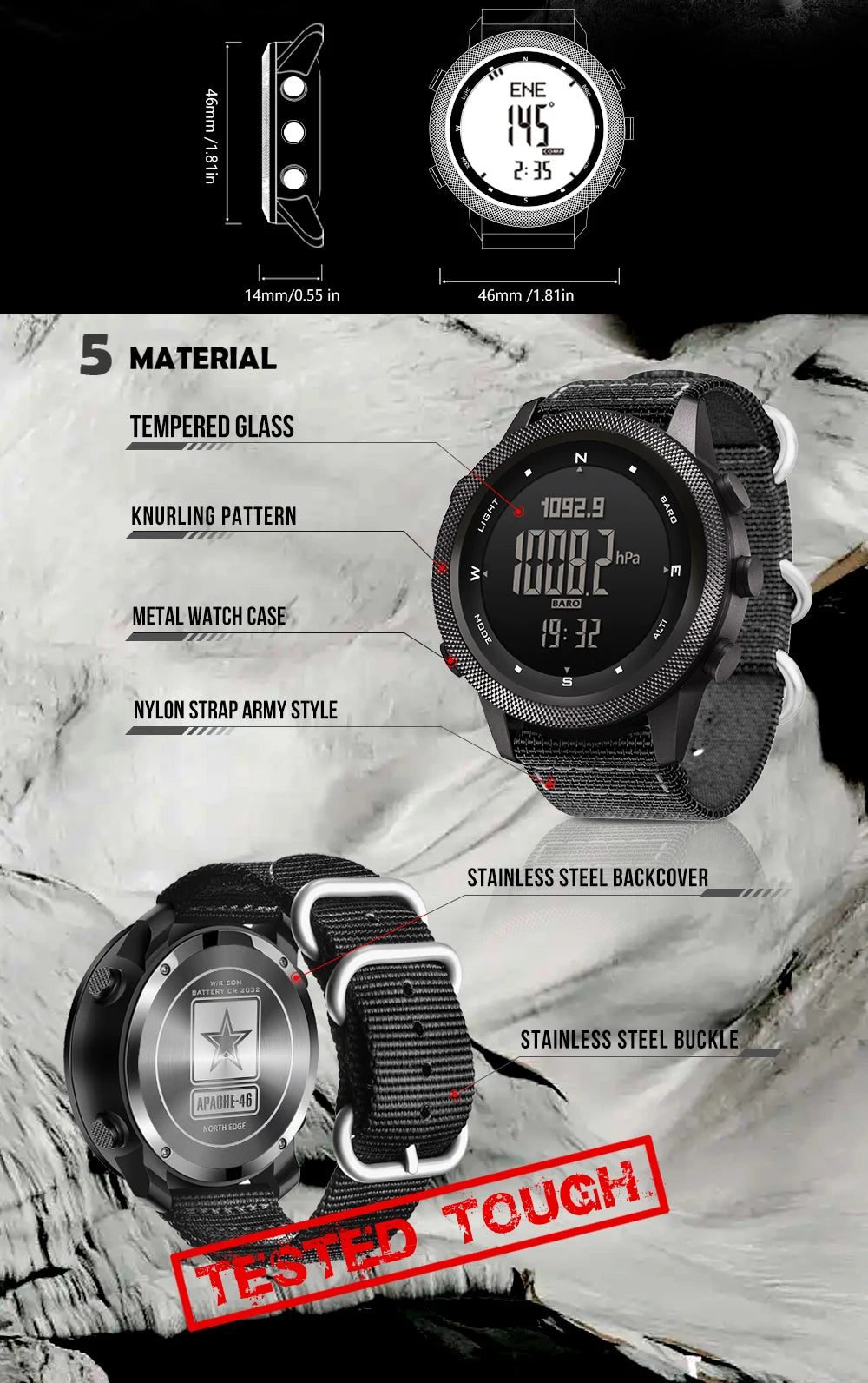 NORTH EDGE APACHE-46 Men Digital Watch Outdoor Sports Running Swimming Outdoor Sport Watches Altimeter Barometer Compass WR50M.