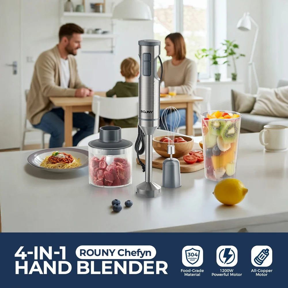 ROUNY 4-in-1 Hand Immersion Blender 1000W Powerful, Stainless Steel Stick Food Mixer,700ml Mixing Beaker,500ml Processor, Whisk.
