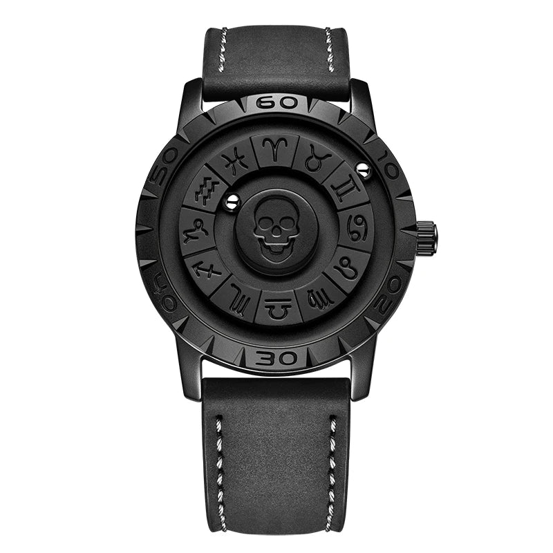 LIGE FOXBOX Unique Design Quartz Man Watch Simple Fashion Leather Belt Casual Sports Magnetic Srolling Beads Skull Men's Watches