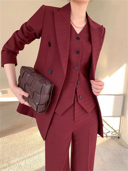 Burgundy Suit Set Women Spring 2023 Office Ladies Lapel Single Breasted Vest Wide Leg Pants Blazer Three Piece Set.
