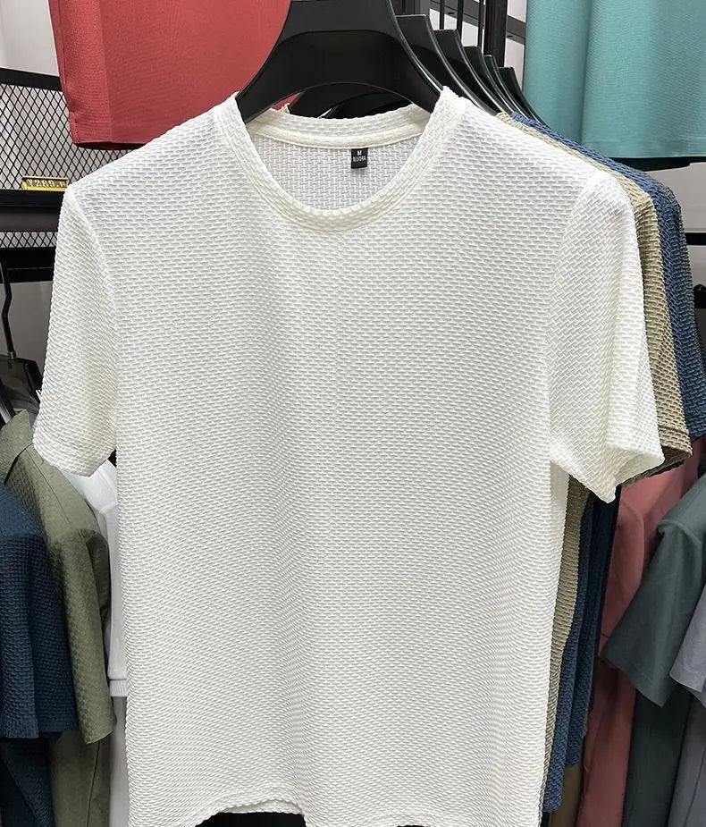 Summer Mesh Ice Silk T-shirt Men's Short Sleeve Round Neck 2023 New Half Sleeve Men Thin Solid Color Tees Top.
