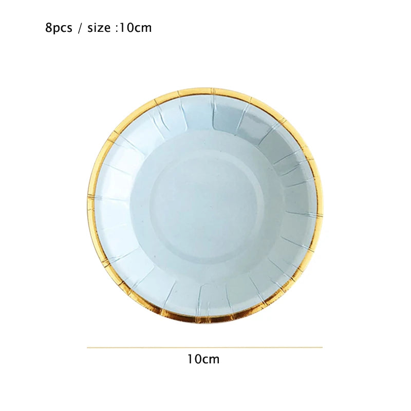 Gold Blue Party Disposable Tableware Paper Straw Cups Plates Napkins Baby Shower Favors Birthday Wedding Decor Party Supplies.