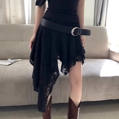 Asymmetrical Lace Skirt Pants Women High Waist Layered Skirt Y2k Japanese Vintage Jacquard Short Skirt 2025 Spring Clothing
