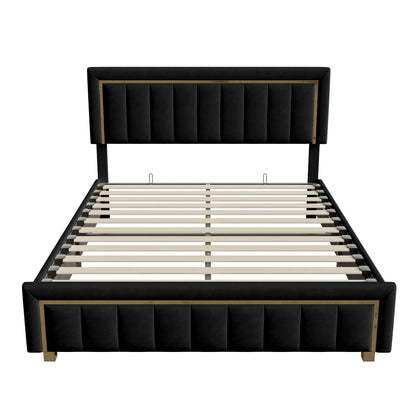 Lazyspace Elegantes Hydraulikbett, samtstoff gepolstertes Doppelbettgestell, mit Stauraum, Bettkasten, Kopfteil mit Lattenrost