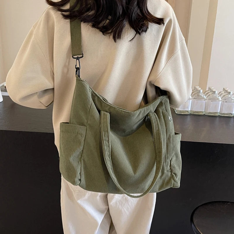Women Corduroy Tote Bag Casual Multi Pocket Handbag Adjustable Strap Crossbody Sling Bag Zipper Shoulder Bag Fall Winter Bag.