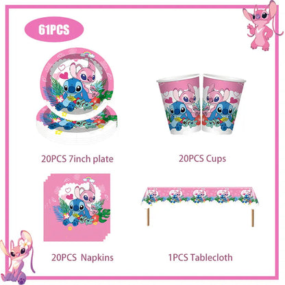 Disney Rosa Stich Geburtstag Party Dekorationen Geschirr Set Tischdecke Hintergrund Banner Für Kinder Geburtstag Dekorationen Lieferungen