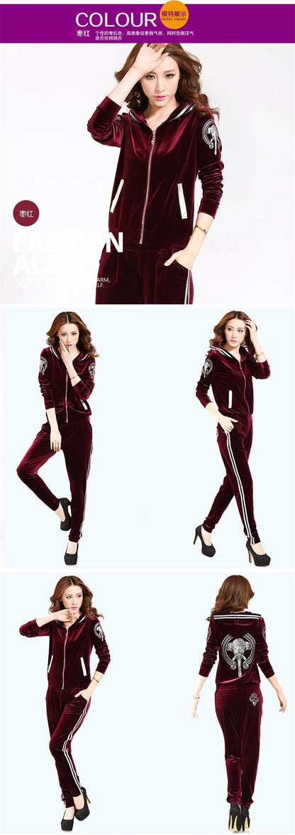 Korean Print Velvet 2 Piece Set Casual Hooded Women Outfit Harem Pant Suits Tracksuit Velour Jogging Femme Spring Fall Conjuntos