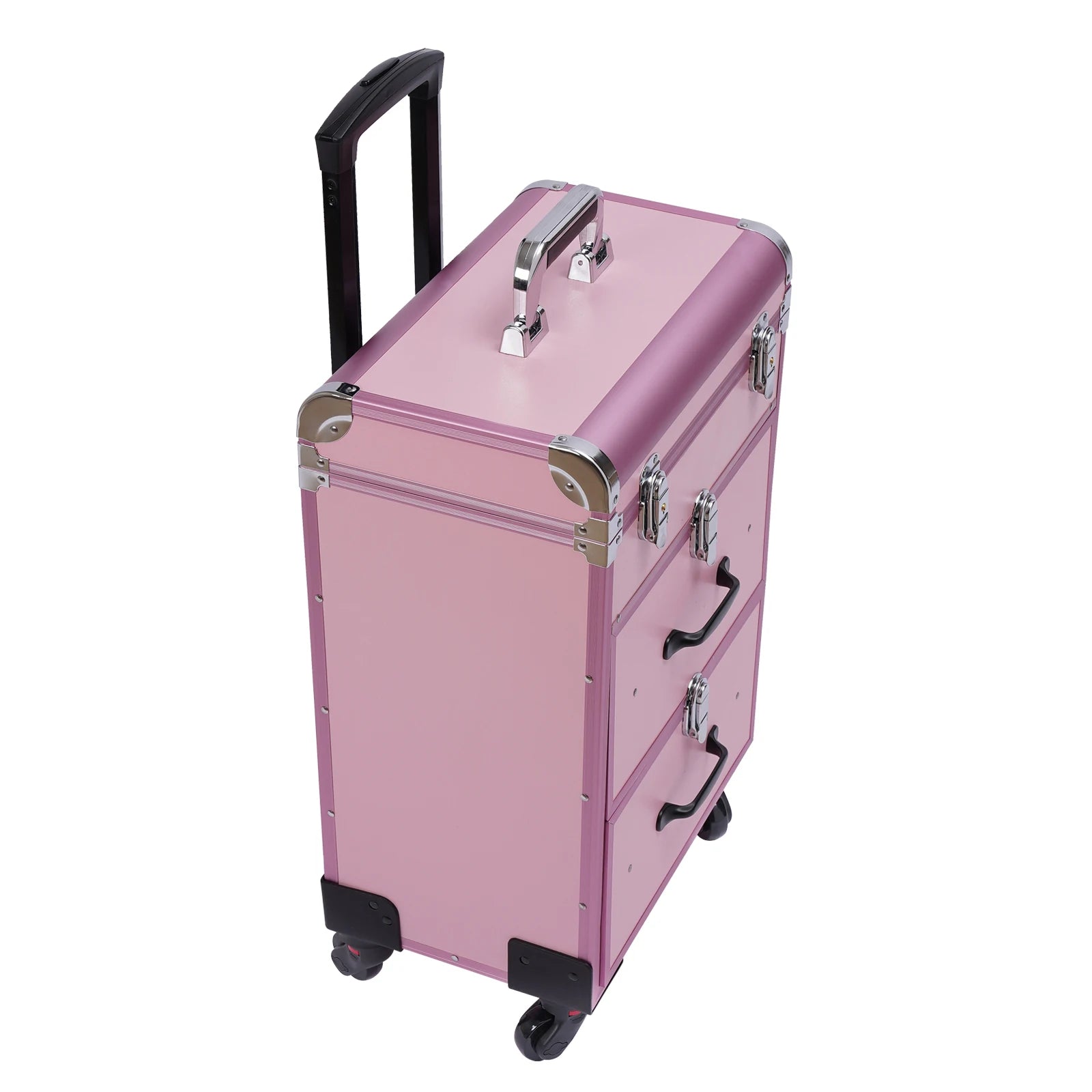 3 in 1 Rolling Makeup Case with Drawer, Large Makeup Case Organizers, Profesional Cosmetic Case for Salon Barber, Light Pink.