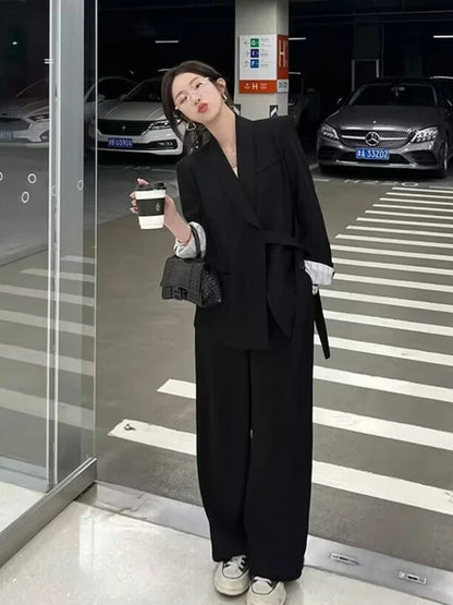 Women's Fashion Office Suit Set Casual Oversized Blazer And Wide Leg Pants Two-Piece Long Sleeve Top Bottoms Combo