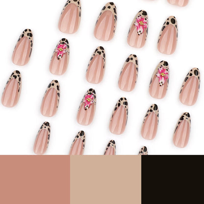 24pcs Brown French Leopard Print Press On Nails Stereo Pink Flower Designs Autumn False Nails Sweet Cool Almond Fake Nail Tips.