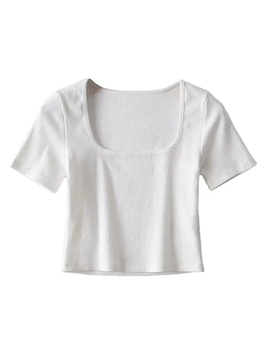 Frauen quadratischen Hals Rippe Ernte T-Shirt Kurzarm Crop Top
