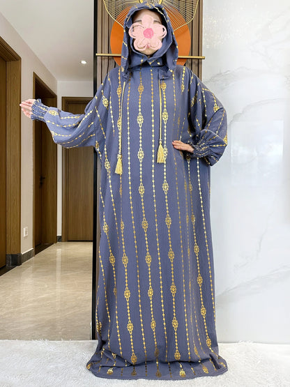 New Cotton Ramadan Muslim Two-Hat Abaya Dubai Turkey Islam Prayer Clothes Gold Dust   Dress Islam Women Dress Kaftan.