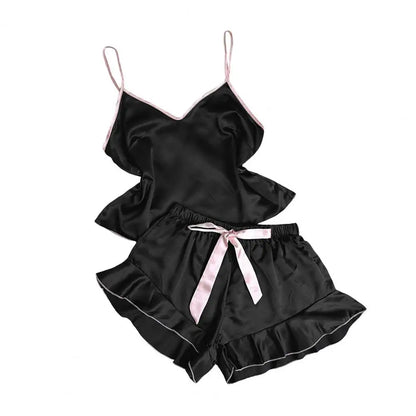 Damen-Pyjama-Set mit Trägern, elegantes Satin-Damen-Pyjama-Set mit Spaghettiträger-Oberteil, rückenfrei, V-Ausschnitt, Rüschen, plissiert für Komfort