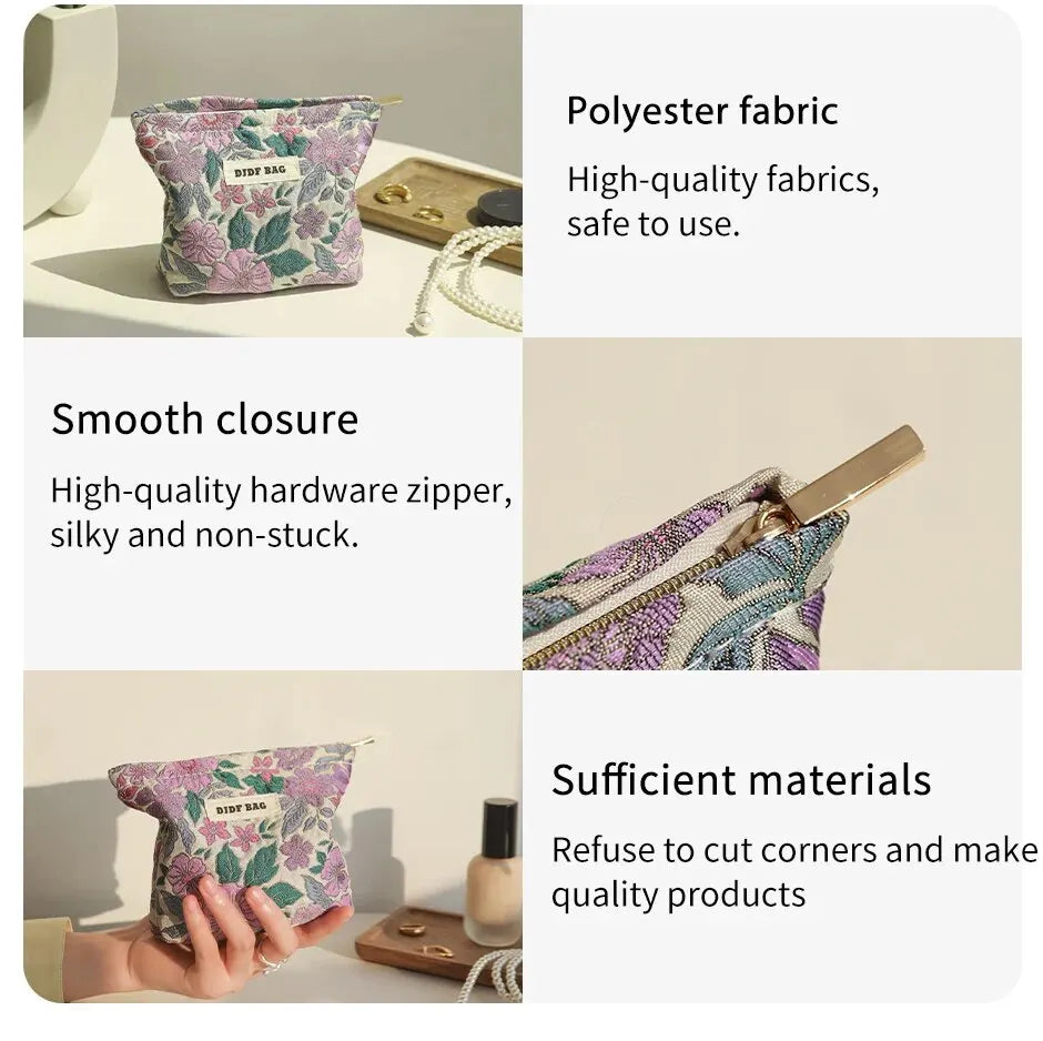 Women's Makeup Bag Small Vintage Purple Flower Large Capacity Cosmetic Lipstick Storage Bag Portable Coin Purse Commuter Clutch.