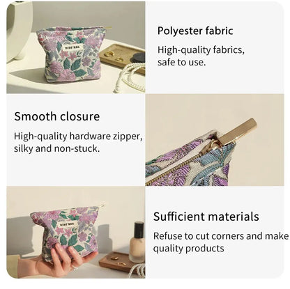 Women's Makeup Bag Small Vintage Purple Flower Large Capacity Cosmetic Lipstick Storage Bag Portable Coin Purse Commuter Clutch.